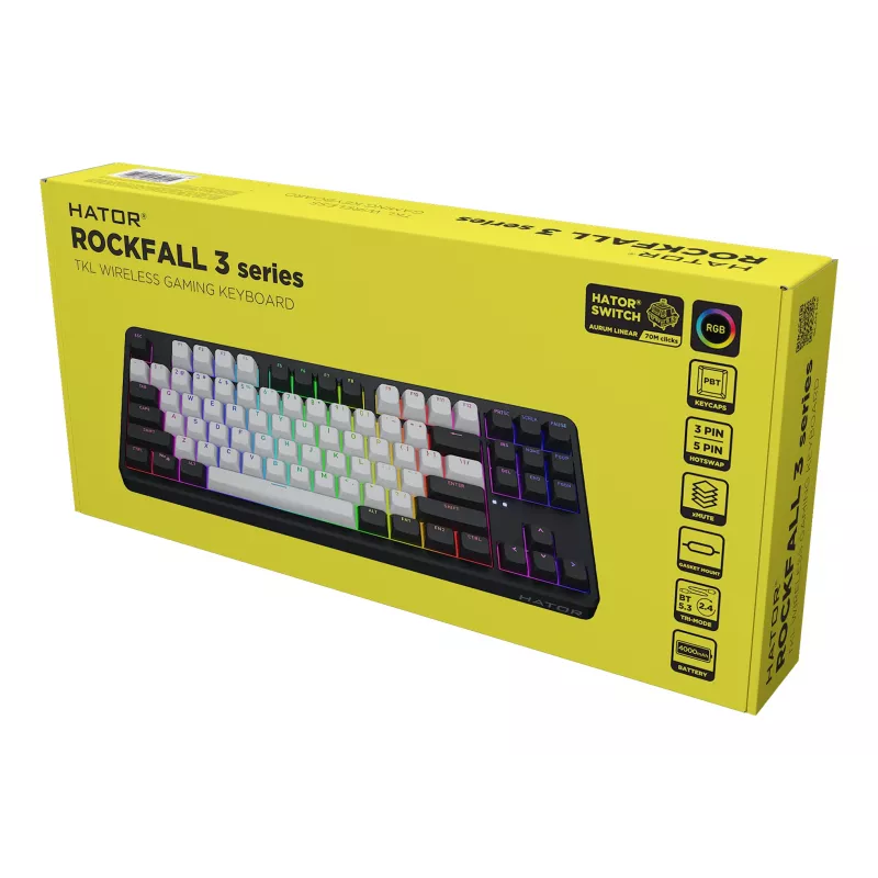 Teclado HATOR Rockfall 3 TKL Wireless, preto, QMK/VIA, perfil OMA teclas branco-preto - switches mecânicos lineares hotswap - US - layout ANSI (HTK850)