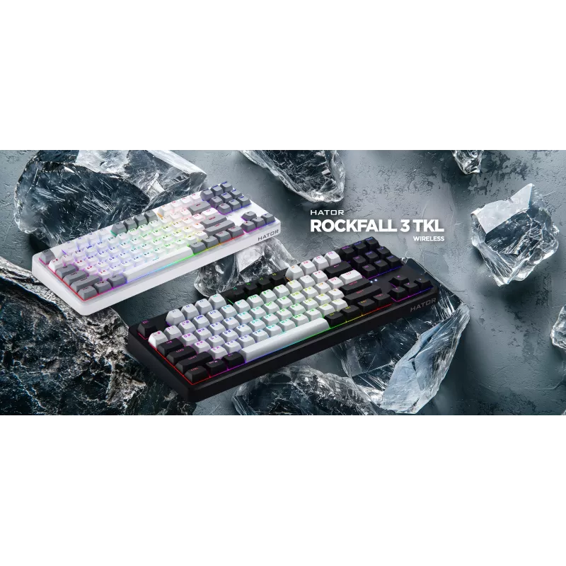 Teclado HATOR Rockfall 3 TKL Wireless, preto, QMK/VIA, perfil OMA teclas branco-preto - switches mecânicos lineares hotswap - US - layout ANSI (HTK850)