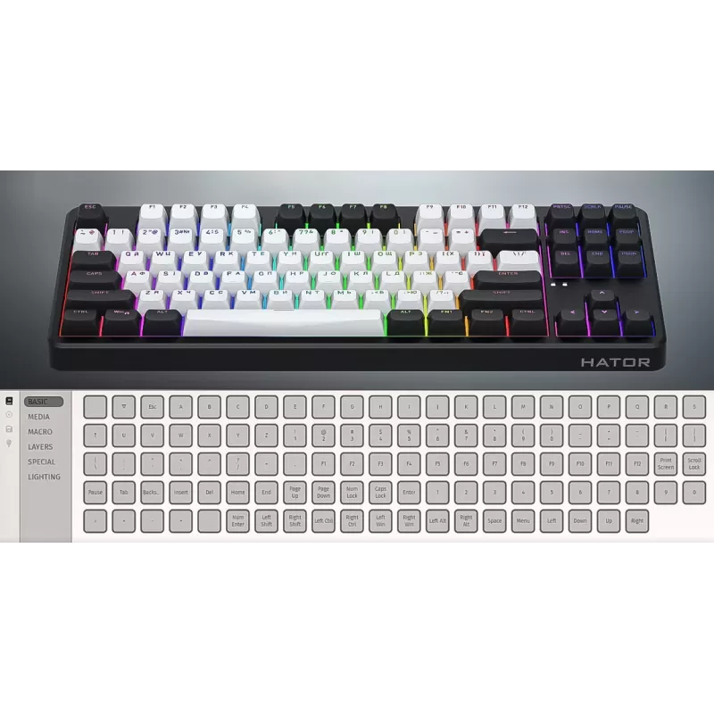 Teclado HATOR Rockfall 3 TKL Wireless, preto, QMK/VIA, perfil OMA teclas branco-preto - switches mecânicos lineares hotswap - US - layout ANSI (HTK850)