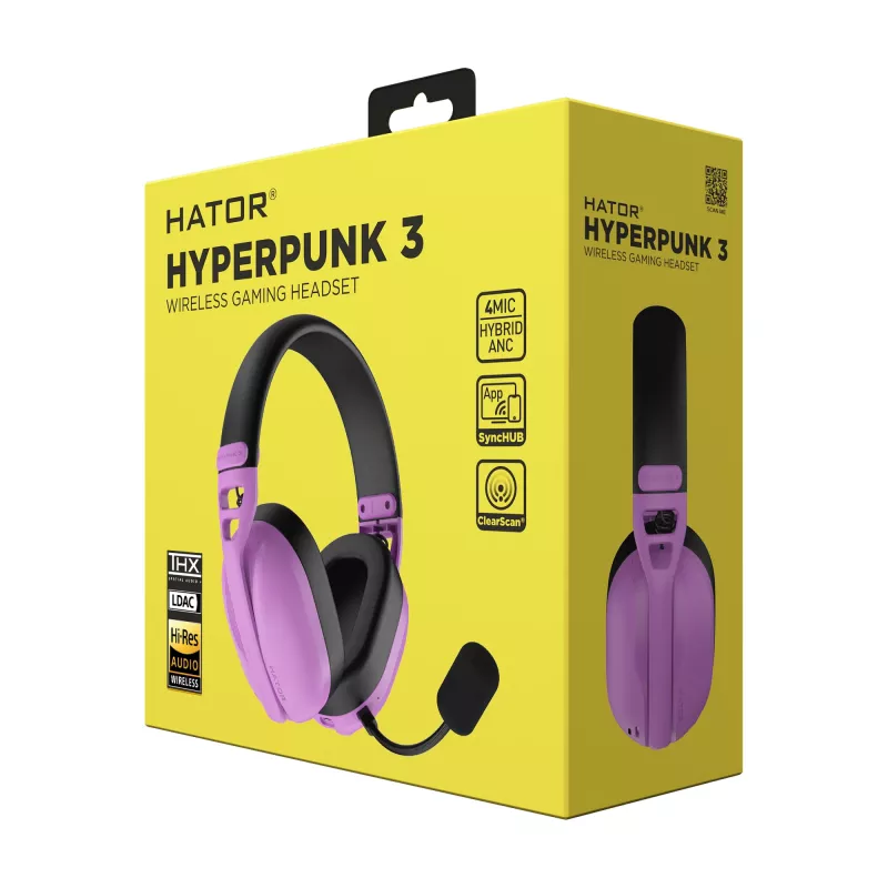 Headset HATOR Hyperpunk 3 sem fios com fios e sem fios de arco gaming USB Type-C / USB Type-A Bluetooth violeta