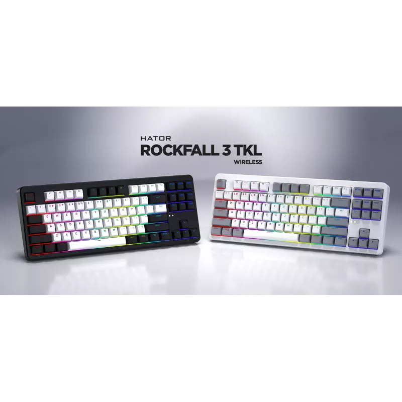 Teclado HATOR Rockfall 3 TKL Wireless, branco, QMK/VIA, perfil OMA teclas branco-preto – switches mecânicos lineares hotswap – US – layout ANSI