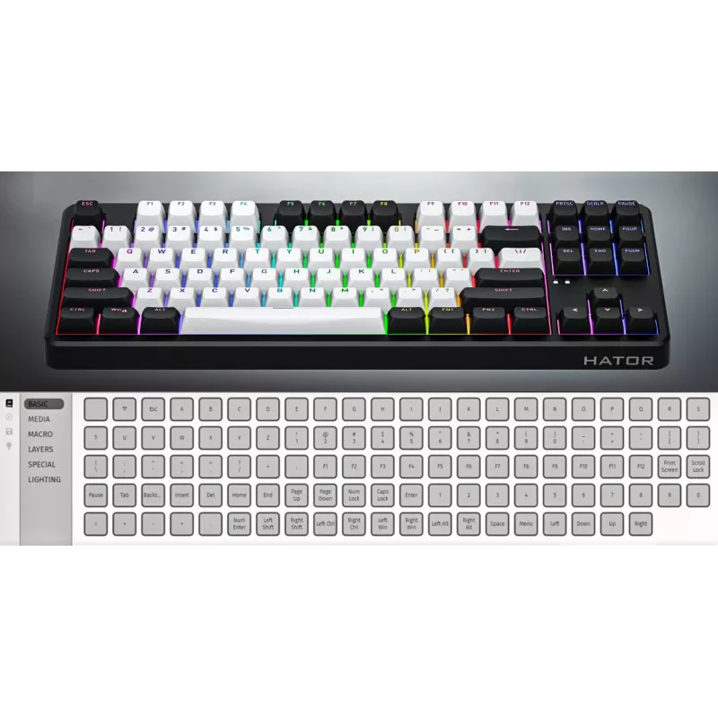 Teclado HATOR Rockfall 3 TKL Wireless, branco, QMK/VIA, perfil OMA teclas branco-preto – switches mecânicos lineares hotswap – US – layout ANSI
