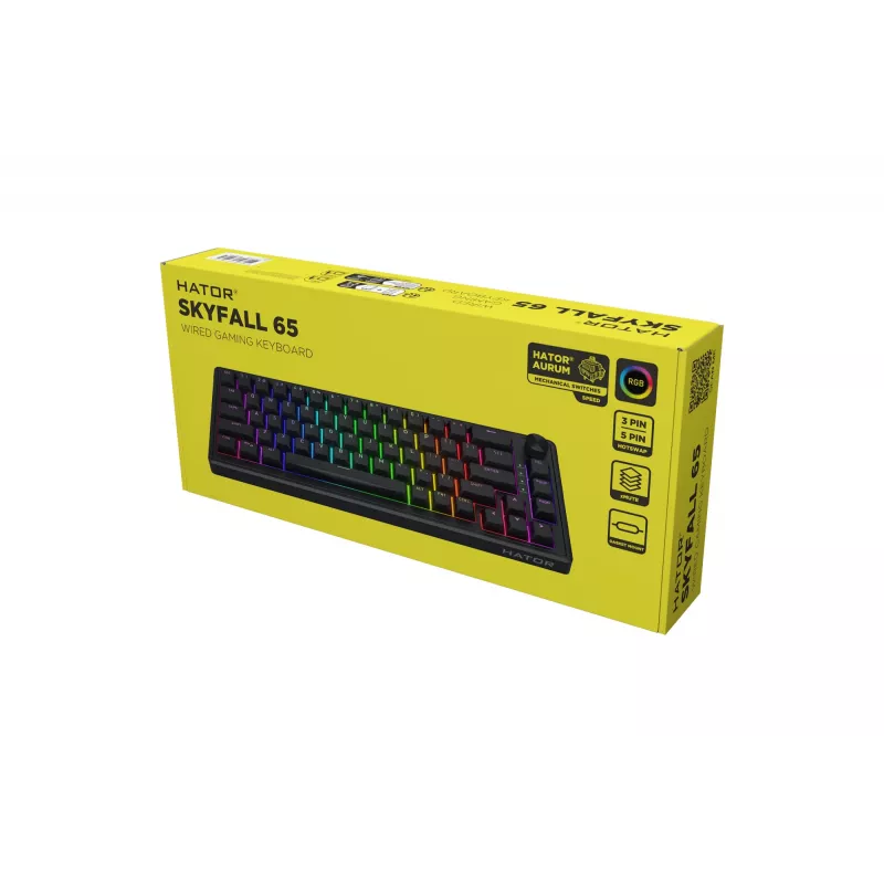 Teclado HATOR Skyfall 65 com fios, Mecânico, USB-C, Aurum Sterling, 70M de toques, RGB, Preto, 790g