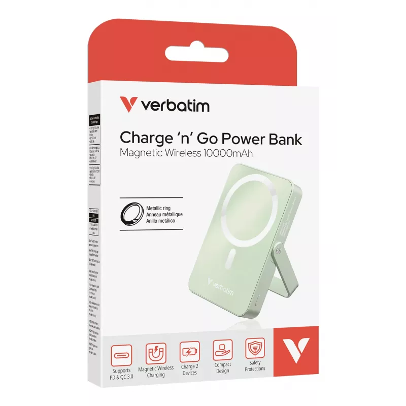 Powerbank sem fios magnética com suporte Verbatim Charge 'n' Go – 10000 mAh verde