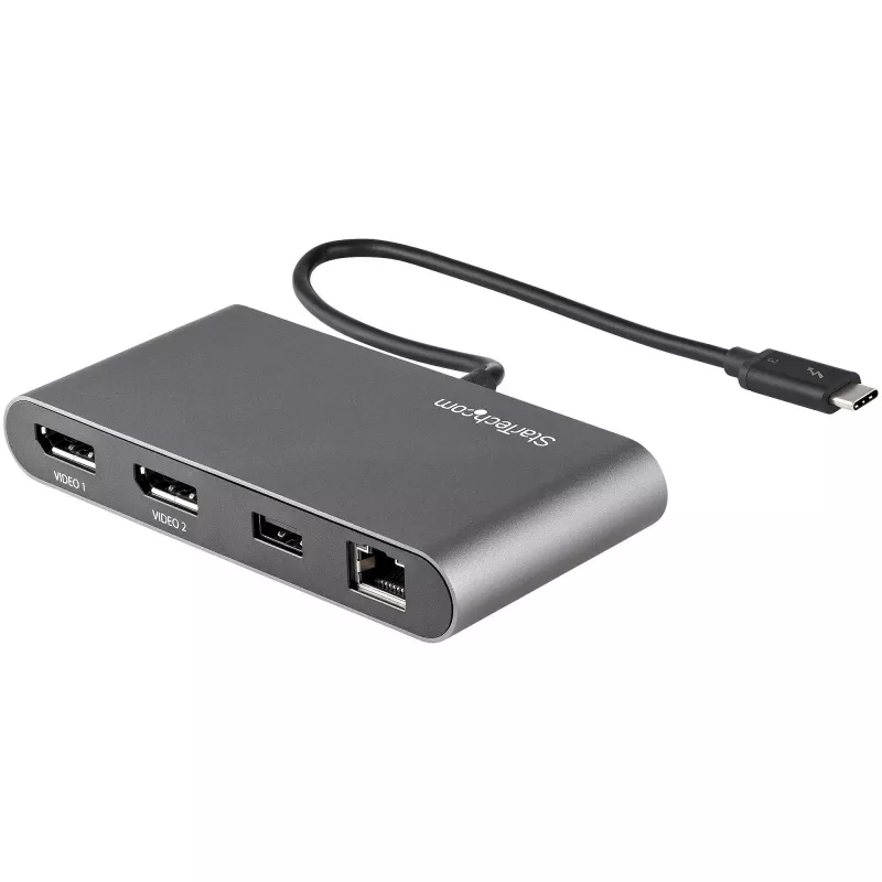 Dock Thunderbolt Mini duplo para monitor StarTech.com, DisplayPort 4K 60Hz, hub sem drivers para Windows e Mac, Gigabit Ethernet, 1x USB-A (USB 5Gbps), cabo de 11in (28cm)