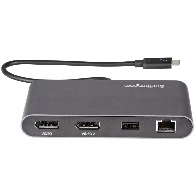 Dock Thunderbolt Mini duplo para monitor StarTech.com, DisplayPort 4K 60Hz, hub sem drivers para Windows e Mac, Gigabit Ethernet, 1x USB-A (USB 5Gbps), cabo de 11in (28cm)