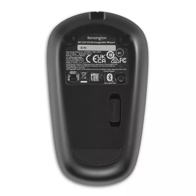 Rato recarregável MY230 EQ Kensington – sem fios – tamanho médio, ambidestro, RF Wireless + Bluetooth, 1200 DPI, preto