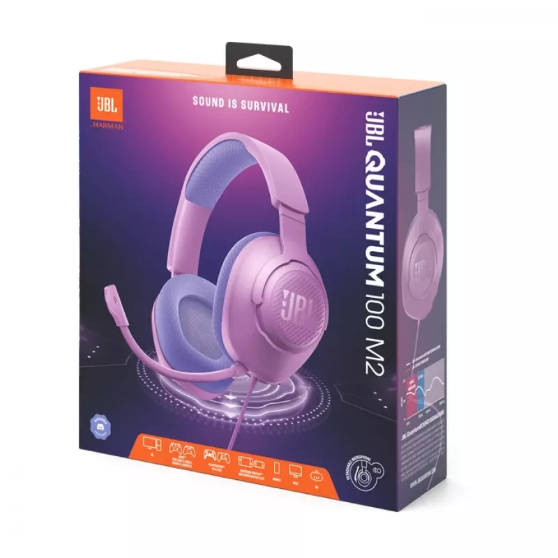 Headset gaming over-ear com fios JBL Quantum 100M2 — circum-aural, 20–20000 Hz, cabo de 1,2 m, violeta