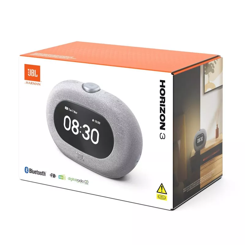 Rádio-relógio JBL Horizon-3 — DAB/DAB+/FM, 5 W RMS, ecrã LCD, 65–20000 Hz, controlo rotativo de volume, Cinzento
