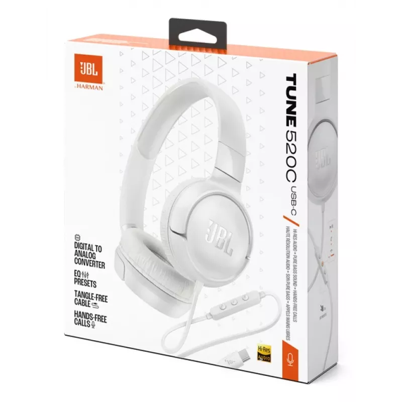JBL Tune 520C Auscultadores USB-C com fios de arco Chamadas/Música USB Type-C Branco