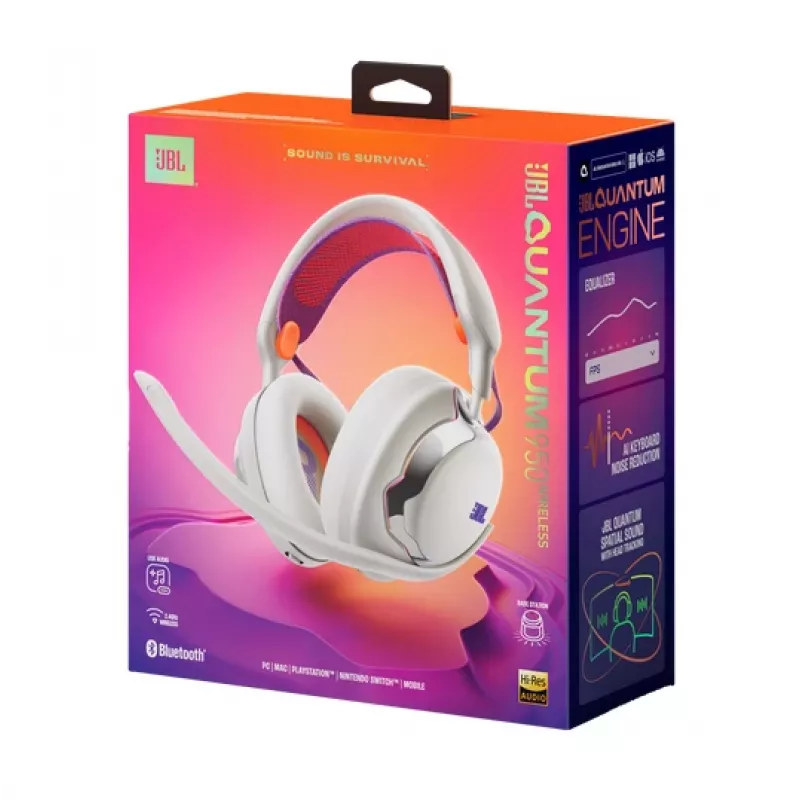JBL Quantum 950 headset sem fios de arco de cabeça gaming USB Type-C Bluetooth estação de carregamento laranja, prateado, branco