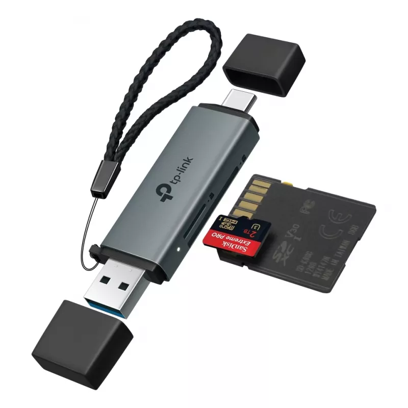 Leitor de cartões TP‑LINK UA430D USB 3.1 — suporte MicroSD/SD, 200 Mbit/s, preto, 75×22,9×9,3 mm