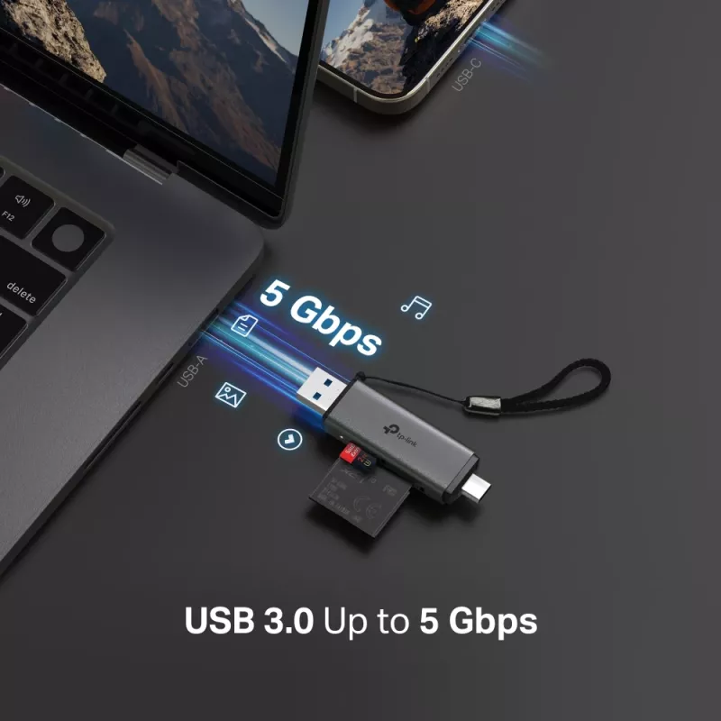 Leitor de cartões TP‑LINK UA430D USB 3.1 — suporte MicroSD/SD, 200 Mbit/s, preto, 75×22,9×9,3 mm