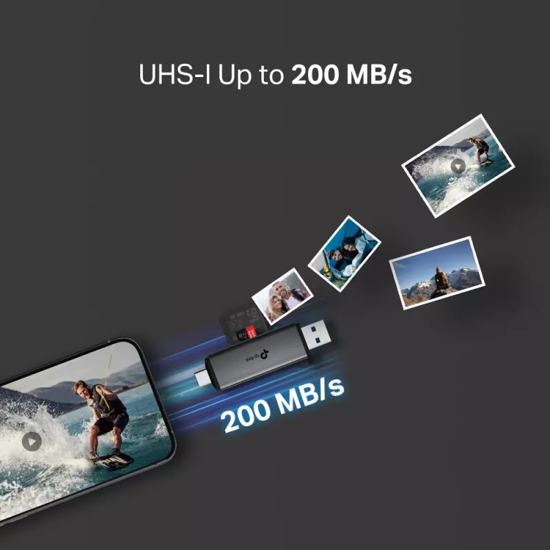 Leitor de cartões TP‑LINK UA430D USB 3.1 — suporte MicroSD/SD, 200 Mbit/s, preto, 75×22,9×9,3 mm