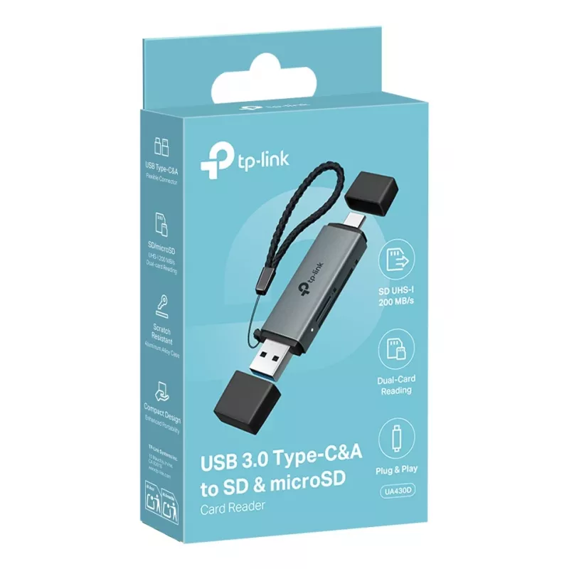 Leitor de cartões TP‑LINK UA430D USB 3.1 — suporte MicroSD/SD, 200 Mbit/s, preto, 75×22,9×9,3 mm