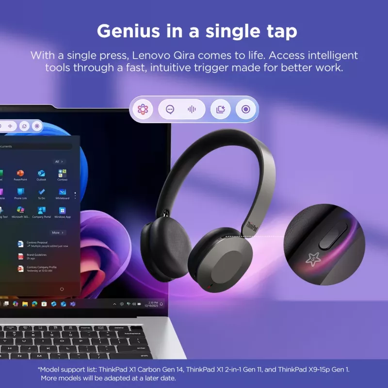 Auscultadores/headset Lenovo 4XD1T60925 sem fios de arco de cabeça escritório/call center USB Type-C Bluetooth cinzento