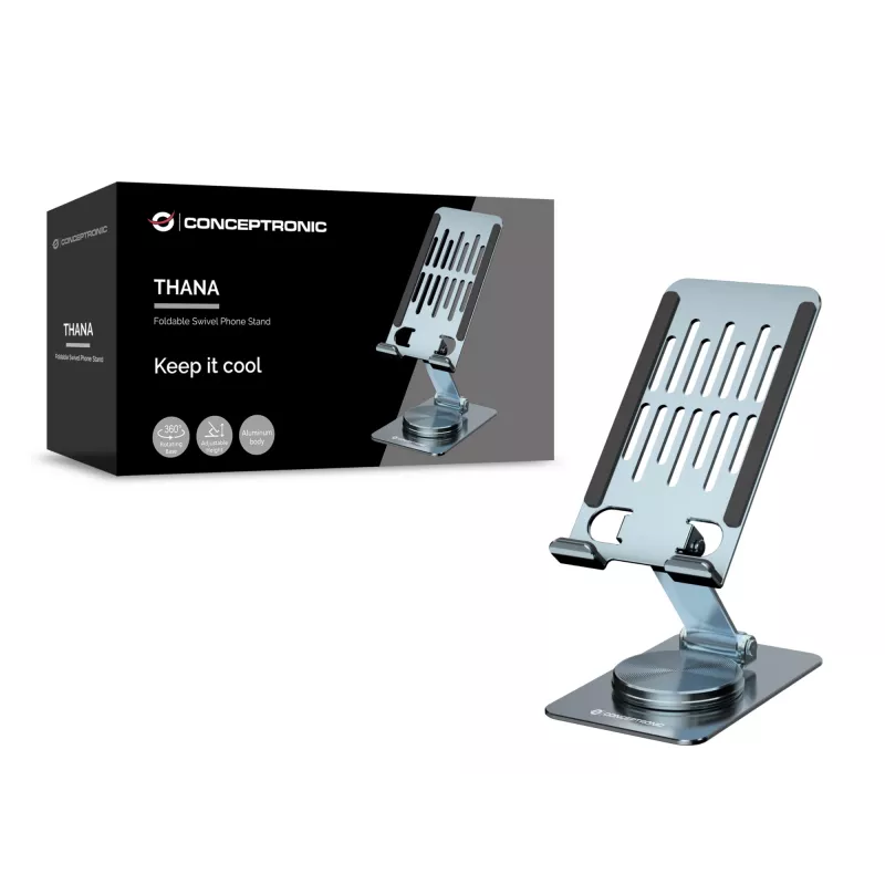 Suporte de telefone dobrável e articulado CONCEPTRONIC THANA08G, base giratória 360°, altura ajustável, prateado