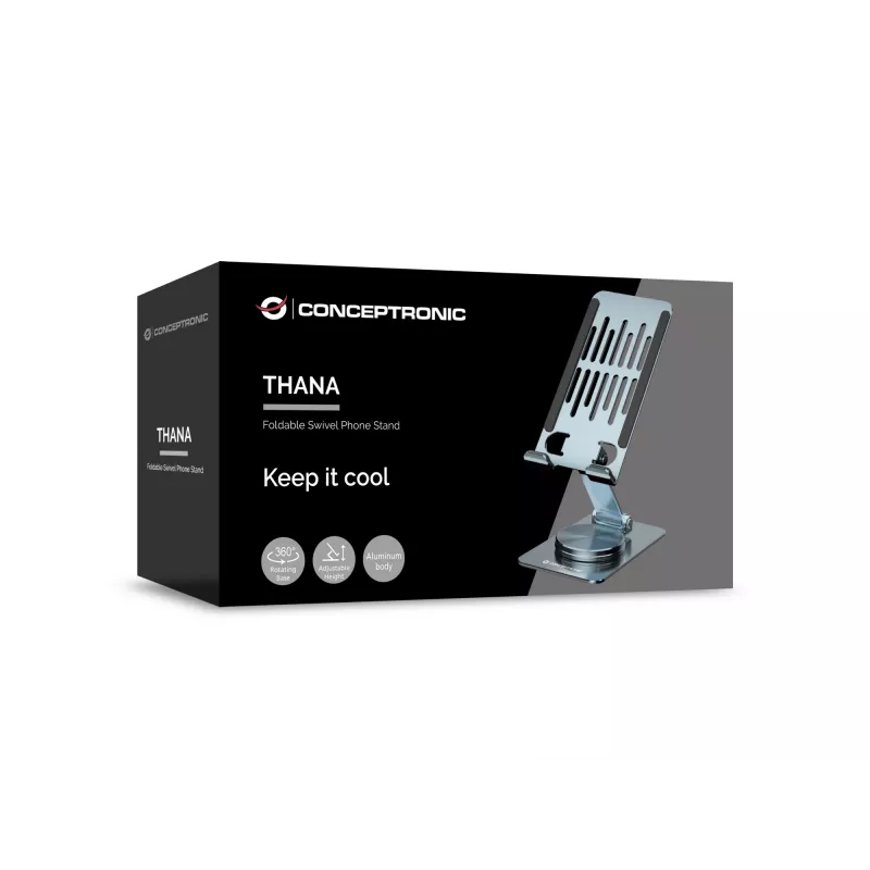 Suporte de telefone dobrável e articulado CONCEPTRONIC THANA08G, base giratória 360°, altura ajustável, prateado