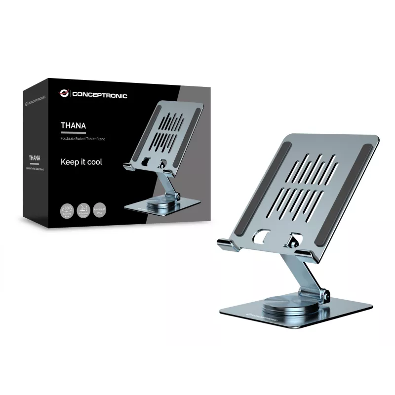 Suporte multimédia para tablet CONCEPTRONIC THANA09G — suporte articulado dobrável, base giratória 360°, altura ajustável, cinzento, 150×110×40 mm