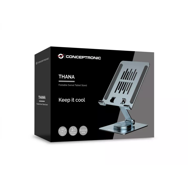 Suporte multimédia para tablet CONCEPTRONIC THANA09G — suporte articulado dobrável, base giratória 360°, altura ajustável, cinzento, 150×110×40 mm