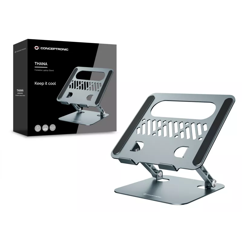 Suporte para portátil CONCEPTRONIC THANA10G — dobrável em alumínio, altura ajustável, cinzento, 240×220×50 mm