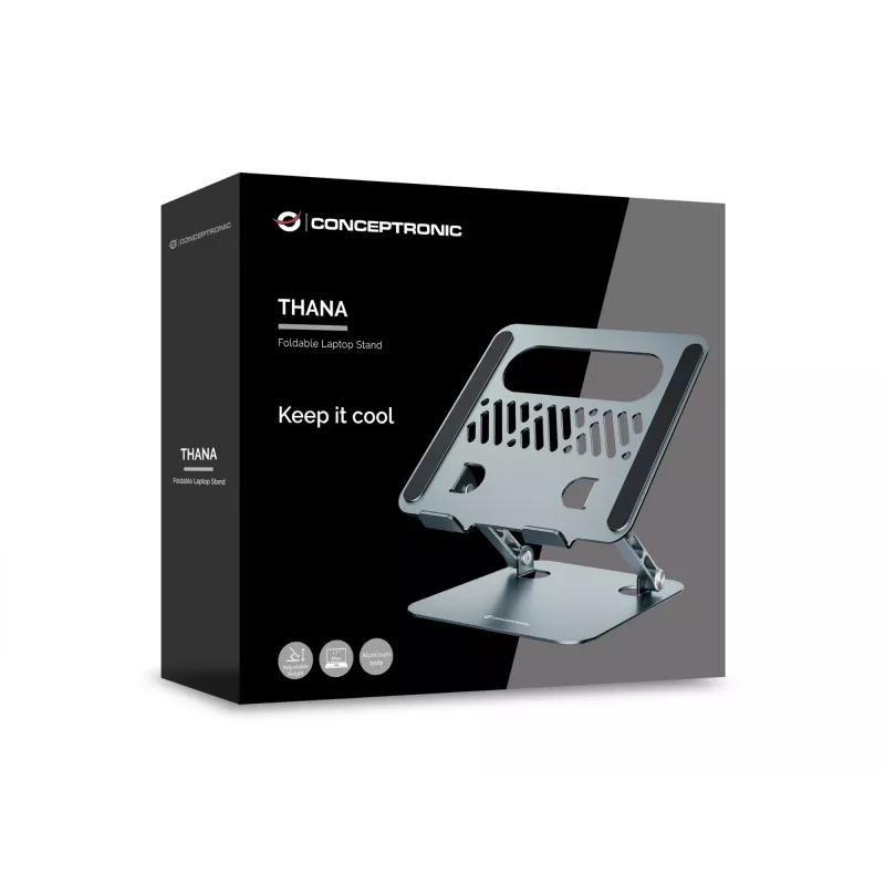 Suporte para portátil CONCEPTRONIC THANA10G — dobrável em alumínio, altura ajustável, cinzento, 240×220×50 mm
