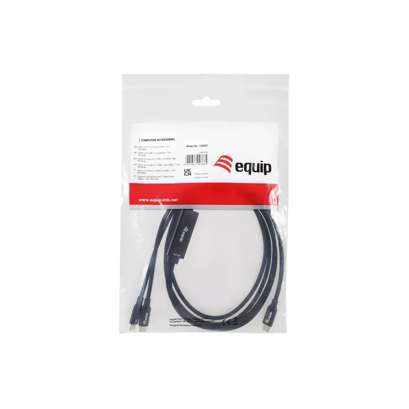 Cabo de carregamento em Y USB-C para 2x USB-C EQUIP 1,5 m PD 140 W, USB 2.0, preto