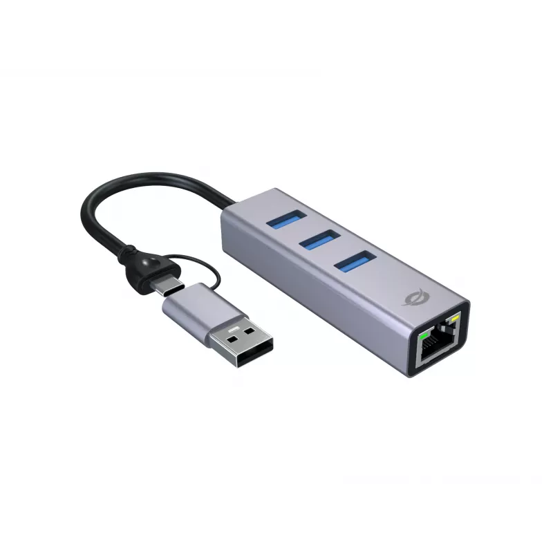 Adaptador de rede USB-C para Gigabit com hub USB de 3 portas CONCEPTRONIC ABBY25G — USB 3.2 Gen 1, Ethernet 1 Gbit/s, 3x USB-A, alumínio, cinzento