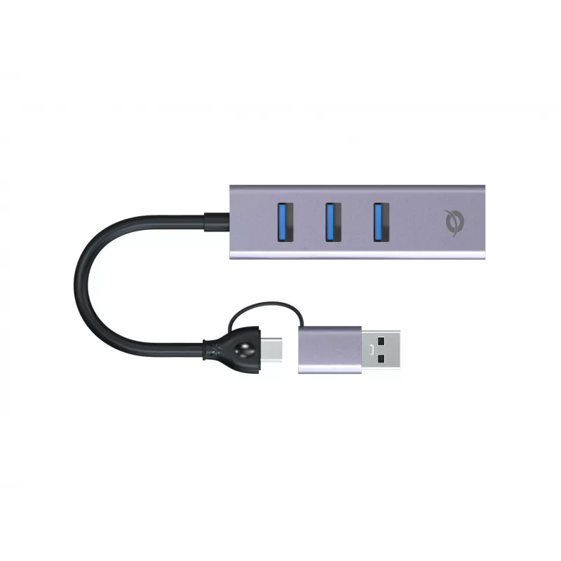 Adaptador de rede USB-C para Gigabit com hub USB de 3 portas CONCEPTRONIC ABBY25G — USB 3.2 Gen 1, Ethernet 1 Gbit/s, 3x USB-A, alumínio, cinzento