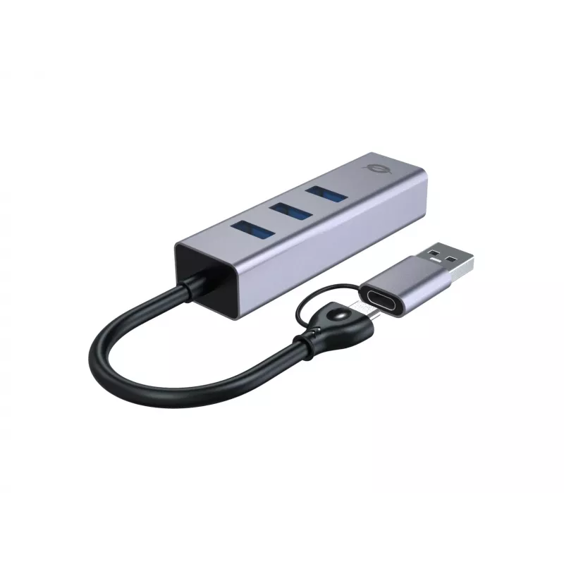 Adaptador de rede USB-C para Gigabit com hub USB de 3 portas CONCEPTRONIC ABBY25G — USB 3.2 Gen 1, Ethernet 1 Gbit/s, 3x USB-A, alumínio, cinzento