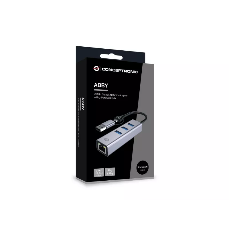 Adaptador de rede USB-C para Gigabit com hub USB de 3 portas CONCEPTRONIC ABBY25G — USB 3.2 Gen 1, Ethernet 1 Gbit/s, 3x USB-A, alumínio, cinzento