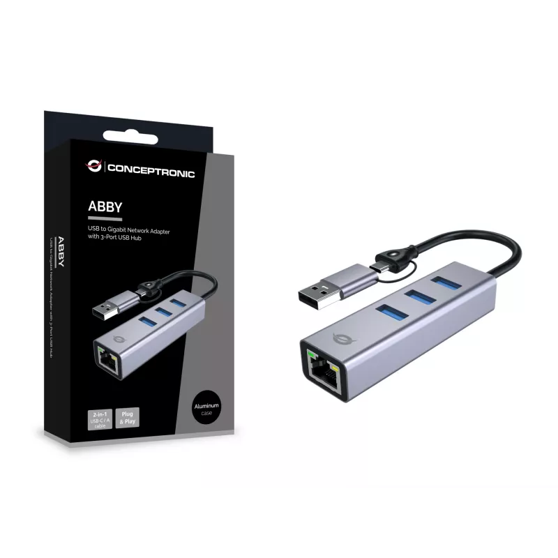 Adaptador de rede USB-C para Gigabit com hub USB de 3 portas CONCEPTRONIC ABBY25G — USB 3.2 Gen 1, Ethernet 1 Gbit/s, 3x USB-A, alumínio, cinzento