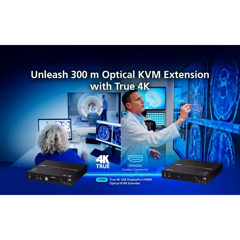 Extensor KVM ATEN True 4K DP/HDMI Optical KVM 300m – transmissor e recetor, DisplayPort/HDMI, USB, 300 m