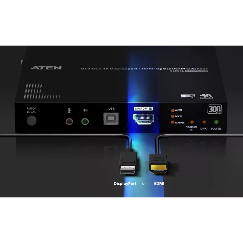 Extensor KVM ATEN True 4K DP/HDMI Optical KVM 300m – transmissor e recetor, DisplayPort/HDMI, USB, 300 m