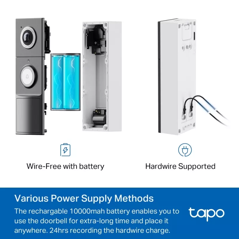 Câmara de campainha de vídeo TP-Link Tapo 1 × D235, 1 × D100C, preto, branco, IP66, 130°, IR, parede, CE, RoHS, RCM, R-NZ, FCC, EAC, Triman, UKCA
