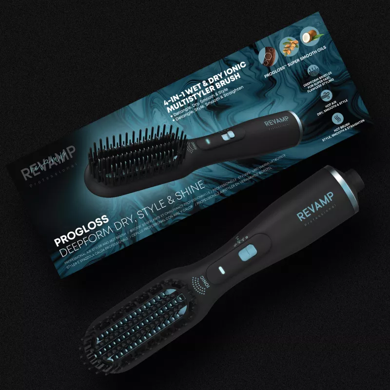 Escova de ar quente Revamp Progloss Deepform alisadora e modeladora Warm preto 550 W 3 m