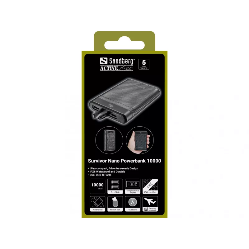 Sandberg Survivor Nano Powerbank 10000, 10000 mAh, iões de lítio (Li-Ion), 3,7 V, 20 W, Preto