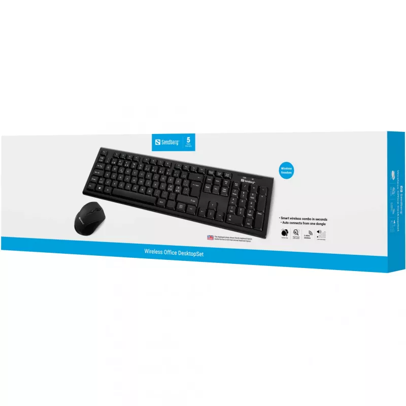 Sandberg Wireless Office DesktopSet INT, Sem fios, RF sem fios, Membrana, QWERTY, Preto, rato incluído