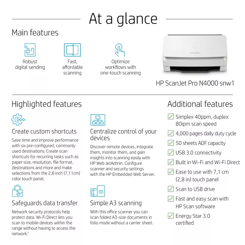 Scanner de alimentação por folhas HP ScanJet Pro N4000 snw1 600 x 600 DPI