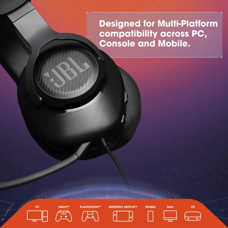 JBL Quantum 100 preto, com fios, gaming, 20 - 20000 Hz, 216 g, auscultadores, preto