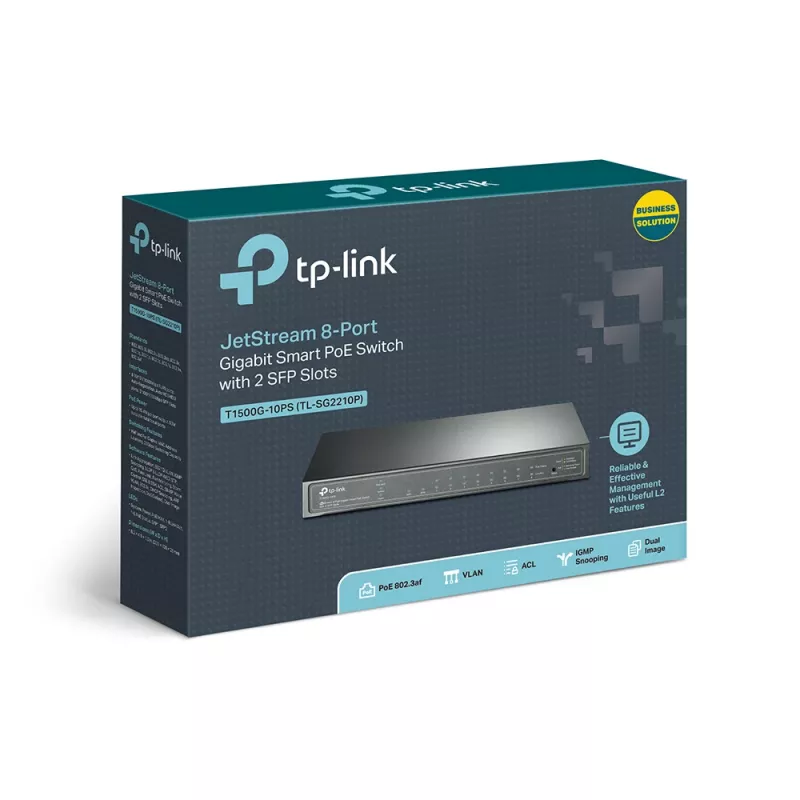 Comutador TP-Link JetStream 8 portas Gigabit Smart PoE com 2 slots SFP