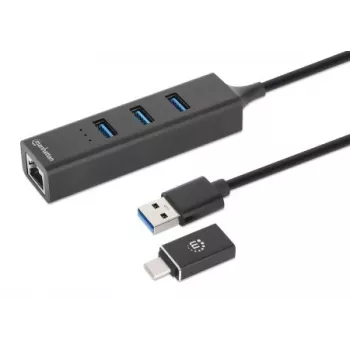 Manhattan dock/hub combo USB-C e USB-A, ligações (4): Ethernet e USB-A (x3), 5 Gbit/s (USB 3.2 Gen 1, também conhecido como USB 3.0), alimentado por USB (não requer fonte de alimentação externa)