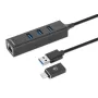 Manhattan dock/hub combo USB-C e USB-A, ligações (4): Ethernet e USB-A (x3), 5 Gbit/s (USB 3.2 Gen 1, também conhecido como USB 3.0), alimentado por USB (não requer fonte de alimentação externa)