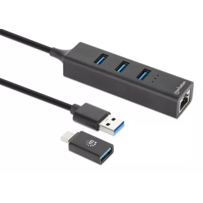 Manhattan dock/hub combo USB-C e USB-A, ligações (4): Ethernet e USB-A (x3), 5 Gbit/s (USB 3.2 Gen 1, também conhecido como USB 3.0), alimentado por USB (não requer fonte de alimentação externa)