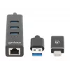 Manhattan dock/hub combo USB-C e USB-A, ligações (4): Ethernet e USB-A (x3), 5 Gbit/s (USB 3.2 Gen 1, também conhecido como USB 3.0), alimentado por USB (não requer fonte de alimentação externa)
