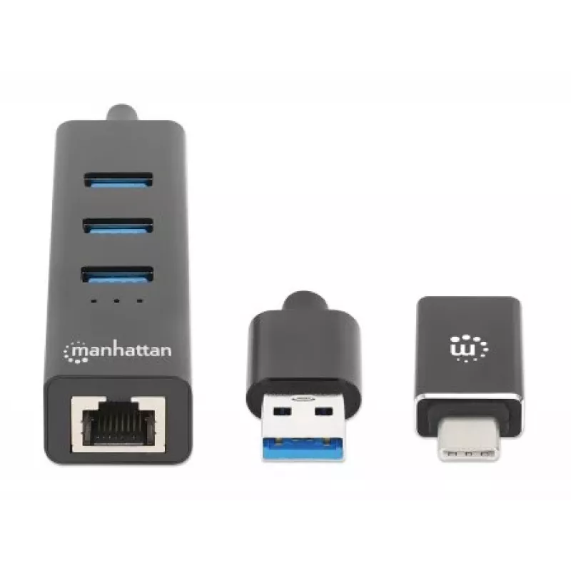 Manhattan dock/hub combo USB-C e USB-A, ligações (4): Ethernet e USB-A (x3), 5 Gbit/s (USB 3.2 Gen 1, também conhecido como USB 3.0), alimentado por USB (não requer fonte de alimentação externa)