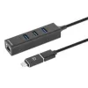 Manhattan dock/hub combo USB-C e USB-A, ligações (4): Ethernet e USB-A (x3), 5 Gbit/s (USB 3.2 Gen 1, também conhecido como USB 3.0), alimentado por USB (não requer fonte de alimentação externa)
