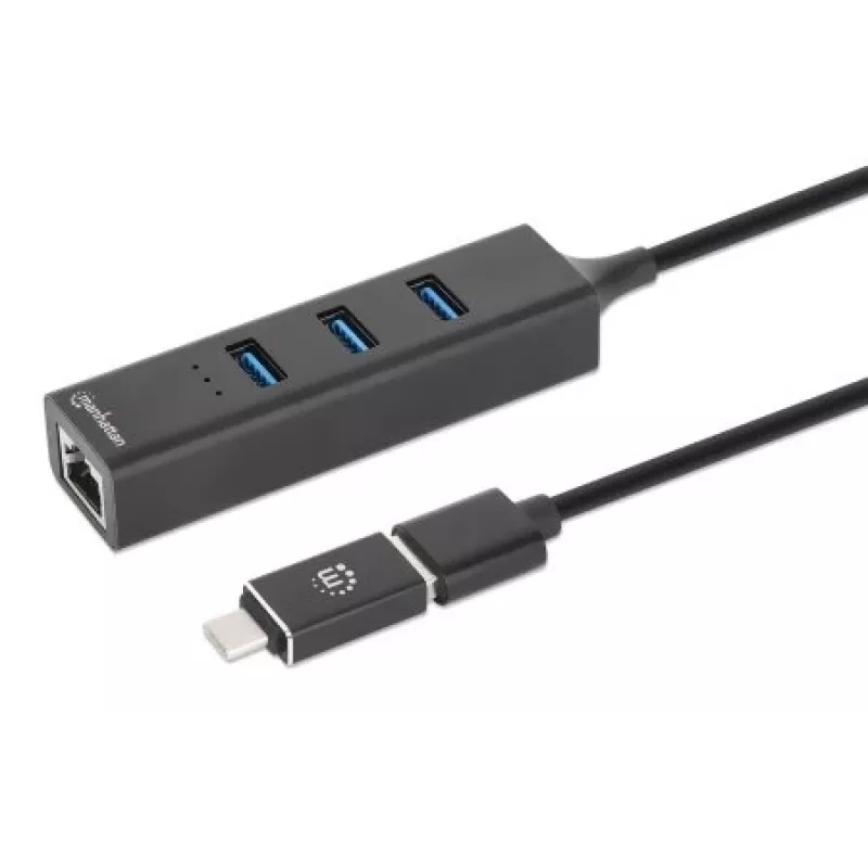 Manhattan dock/hub combo USB-C e USB-A, ligações (4): Ethernet e USB-A (x3), 5 Gbit/s (USB 3.2 Gen 1, também conhecido como USB 3.0), alimentado por USB (não requer fonte de alimentação externa)