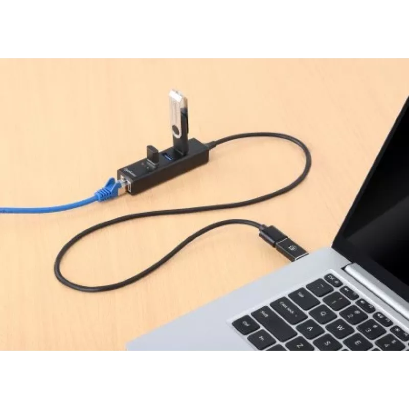 Manhattan dock/hub combo USB-C e USB-A, ligações (4): Ethernet e USB-A (x3), 5 Gbit/s (USB 3.2 Gen 1, também conhecido como USB 3.0), alimentado por USB (não requer fonte de alimentação externa)