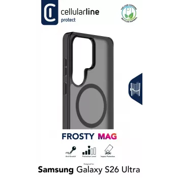 Cellularline FROSTY MAG - capa semitransparente para Galaxy S26 Ultra com superfície mate e bordas coloridas, compatível com o ecossistema Qi2 e acessórios magnéticos para Samsung.